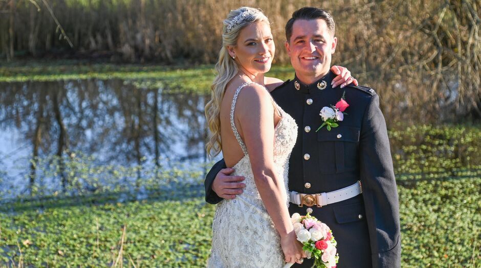 The Bride and Groom pose for photos at Fareham Wedding Venue Skylark Country Club